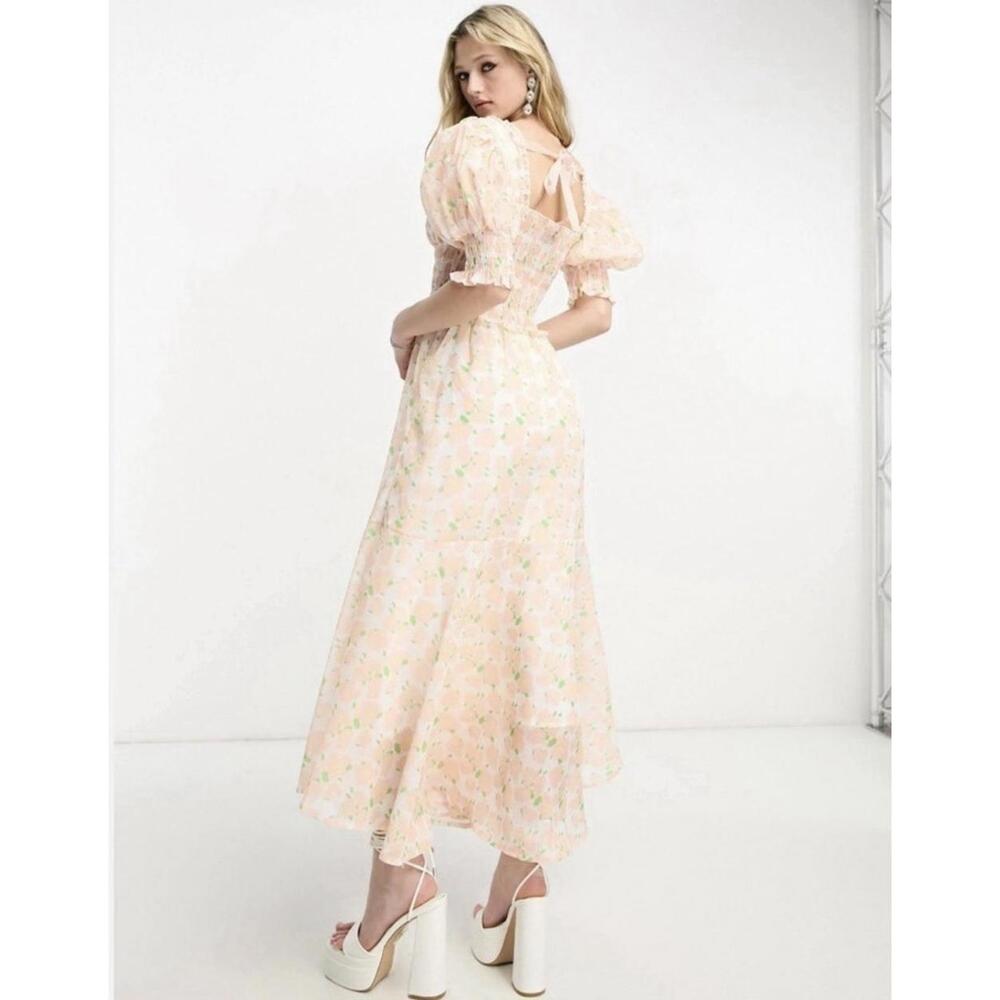 SISTER JANE Puff Short Sleeve Shirred Floral Long Dress Blush Floral Size Small - Picture 4 of 9